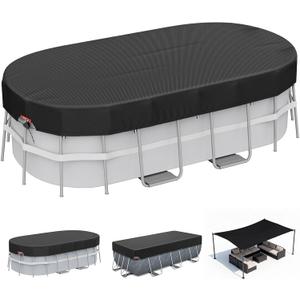 LXKCKJ 8x14 FT Rectangular Pool Cover for Above Ground Pool, Solar Oval Pool Cover Protector, Winter Pool Cover with Accessories Set Ideal for Cold and UV Resistant, Dustproof (Black)