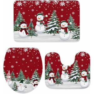 Christmas Bathroom Rugs and Mats Sets 3 Piece Snowman Xmas Tree Bath Sets Non Slip Bath Rug Set with U Shape Rug Red Cardinal Bird Snowflake Contour Toilet Rug for Bathroom Floor Xmas Decor Small Size (18"x30"+14"x18"+15"x18"Small)