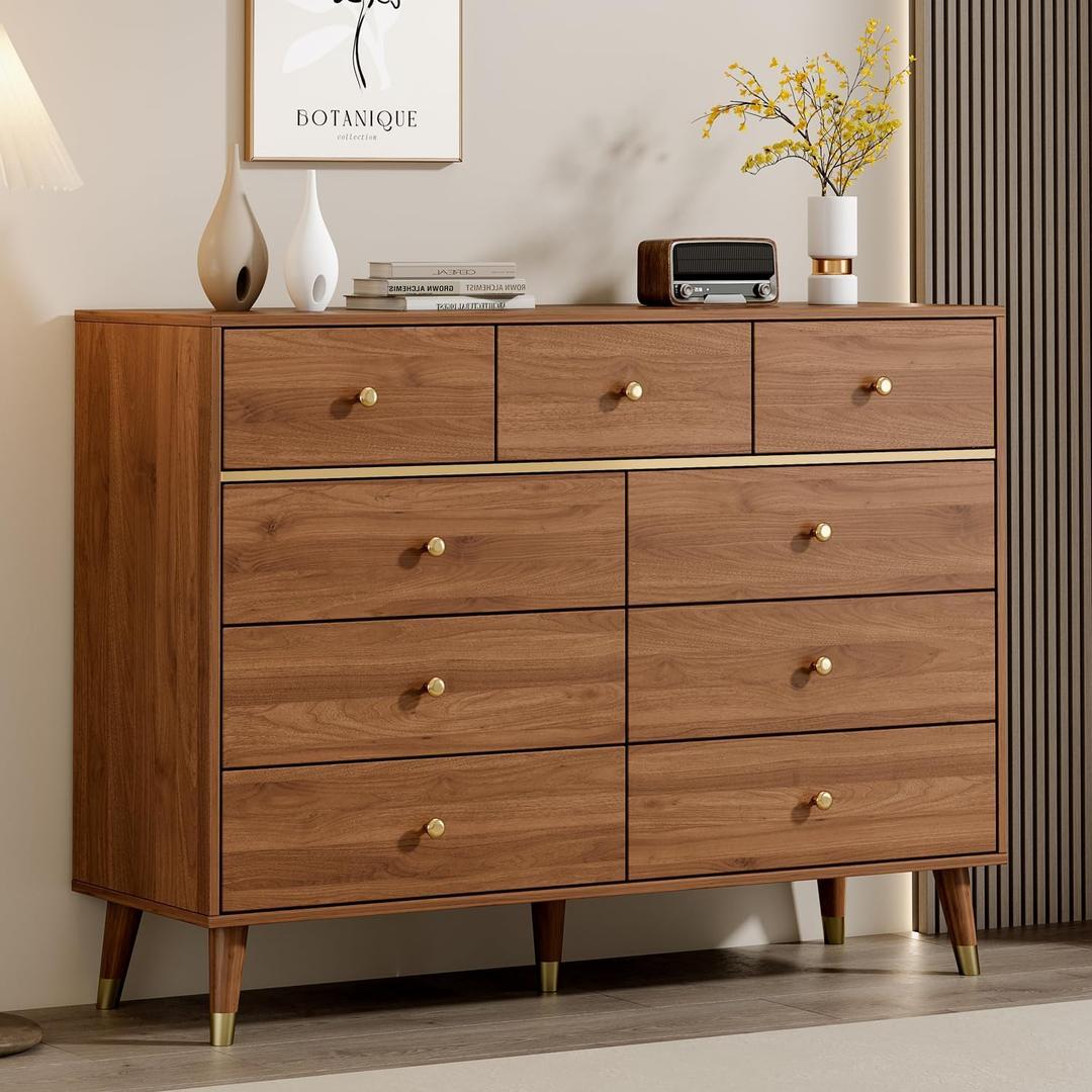 Modern Chest of Drawers with 9 Drawers,Deep Drawers,Clothes Organizer,Large Storage Cabinet for Living Room, Bedroom,Hallway,with Anti-Tipping Device,Brown (15.8"D x 47.2"W x 35.4"H (9 Drawers))