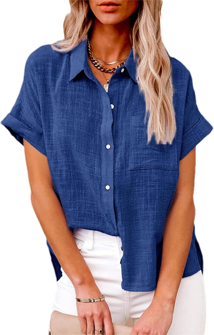 Womens Cotton Linen Short Sleeve Button Down Shirts Casual V Neck Plain Blouses Tops (Large)