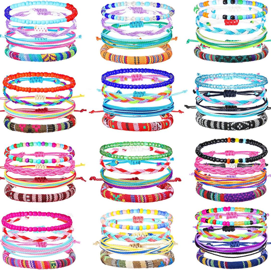 Remerry 48 Pieces Handmade Friendship Bracelets Bulk Boho Adjustable Woven Braided Bracelets for Women Men Colorful Beaded Bracelet Stacking Elastic Beaded Anklet Jewelry for Concert Party Summer Gift