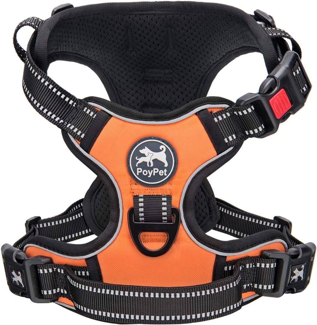 PoyPet No Pull Dog Harness, No Choke Front Lead Dog Reflective Harness, Adjustable Soft Padded Pet Vest with Easy Control Handle for Dogs (Orange, M)