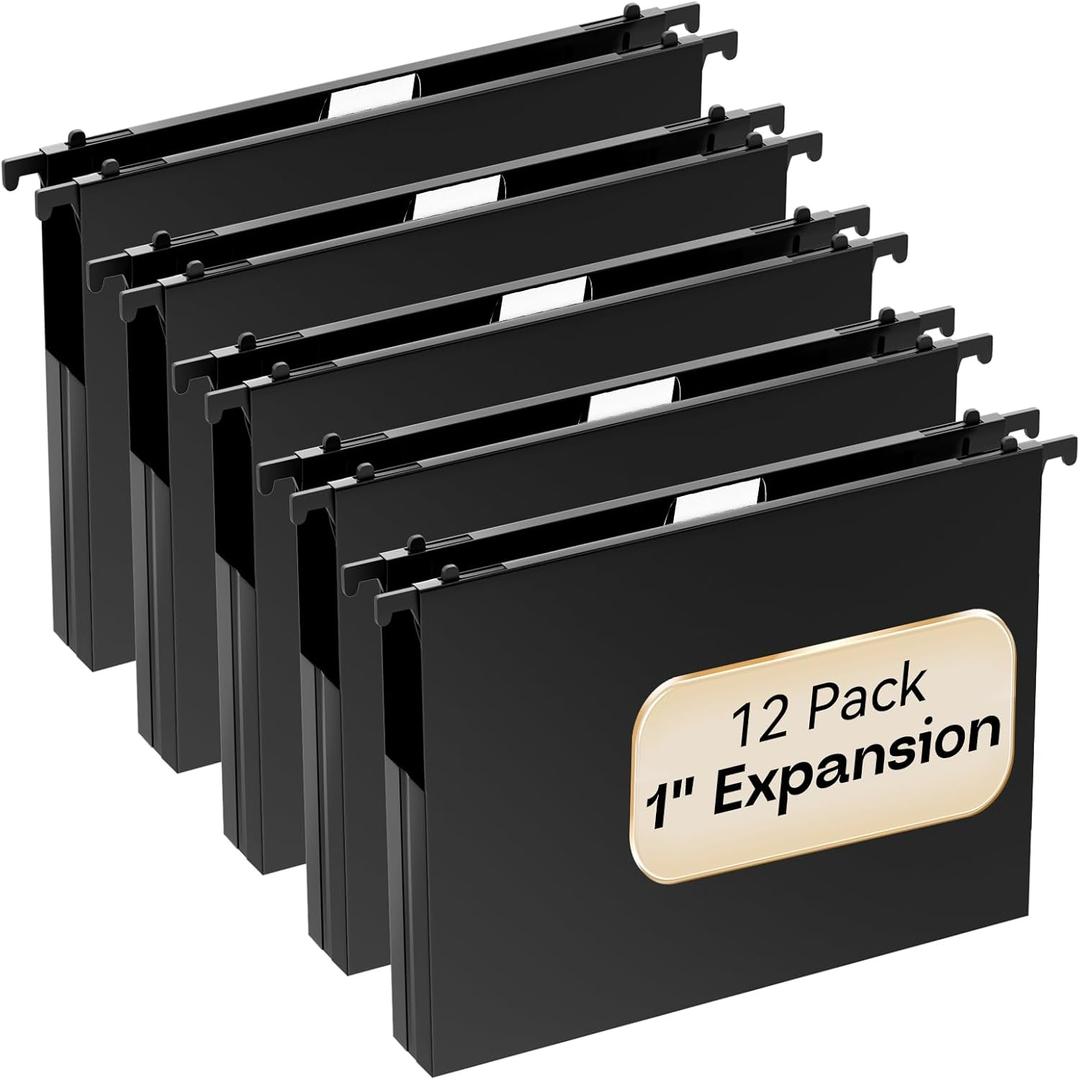 Plastic Extra Capacity Hanging File Folders Letter Size,Heavy Duty 1" Expansion Accordian Pocket,Black Expanding Hang Folder with Tab,12 Pack Reinforced File Cabinet Folders for Office School