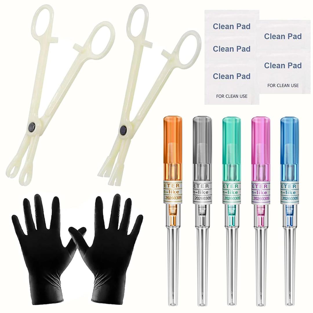 Piercing Kit - 14PCS Includeds 5PCS Mixed 14G 16G 18G 20G 22G Catheter Piercing 2PCS Piercing Clamps 5Pcs Clean Tools 2 Gloves Belly Ear Nose Piercing Kit Piercing Supplies (Red, Grey, Green, Pink, Blue)