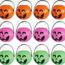Mini Halloween Pumpkin Bucket Orange & Green & Pink Plastic Halloween Witches Cauldron Kettle Multi-Purposed Novelty Candy Holder Decor for Halloween Party (12 Pack)