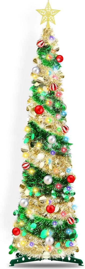 5FT Pop Up Christmas Tree with Timer 60 Warm White & Multi Color Fairy Light 3D Star 15 Ball Ornament, Green Gold Tinsel Christmas Tree Slim Pencil Xmas Tree Home Office Holiday Decor Indoor Outdoor