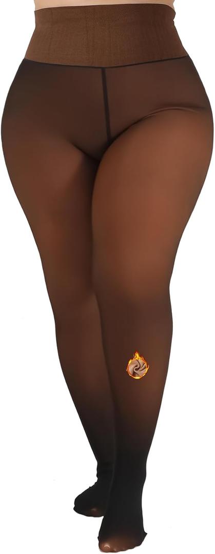 MERYLURE High Waist Fleece Lined Tights Women Plus Size, Fake Translucent Winter Warm Pantyhose Thick Thermal Leggings (X-Large-XX-Large, Caramel)