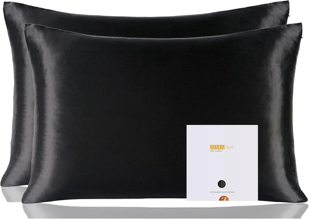 ZIMASILK 100% Pure Mulberry Silk Pillowcase 2 Pack, Soft and Smooth,Both Sides Premium Grade 6A Silk,600 Thread Count,with Hidden Zipper (Queen 20''x30'',Black)