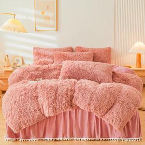 Fluffy Dusty Rose Faux Fur Comforter Cover Queen SetFluffy Fuzzy Plush Dusty Rose Bedding 3Pcs (1 Faux Fur Duvet Cover +2 Fuzzy Pillowcases) Fluffy Bed Set