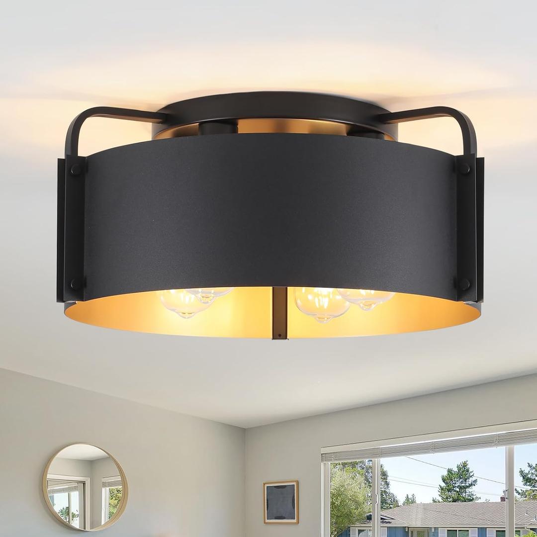 Flush Mount Ceiling Light, 4-Light Industrial Ceiling Light Fixture Matte Black with Gold Inside Kitchen Ceiling Lights for Living Room Kitchen Island Dining,E26 Base(Not Included Bulb)