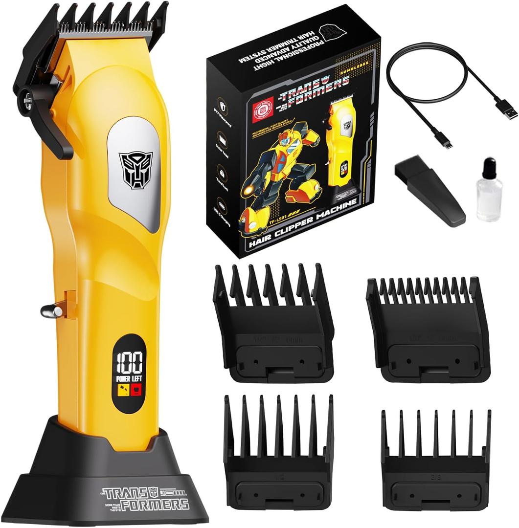 Transformers Hair Clippers for Men, 8500 RPM Professional Cordless Trimmer, Cr13 Stainless No-Snag Blade, 2000mAh LED Display, 5-Level Adjustable & 4 Combs for Home Haircut & Beard Grooming (Yellow)