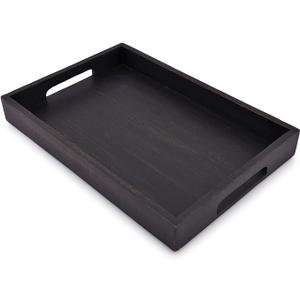 EDHAS Acacia Wood Rectangle Black Serving Tray for Breakfast Dinner Drinks Kitchen Dining Living Bathroom with Handle (15" x 10" x 1.6")