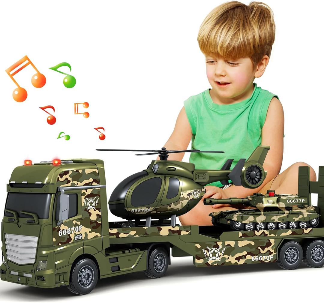 SpringFlower Toddler Boy Toys, 3 in 1 Large Army Truck Toy with Helicopter and Tank, Military Transport Truck Toy, Christmas Birthday Gifts for Kids 3 4 5 6 Years Old