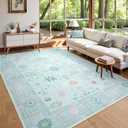 LIVEBOX Washable Oushak Rug Non Slip 8 x 10 Rugs for Living Room, Soft Turkish Rug for Bedroom, Boho Floral Mat Large Indoor Carprt for Kids Nursery, Dining Room, Home Office, Blue