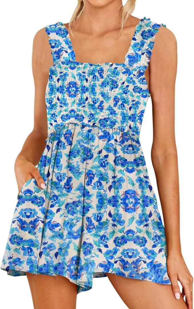 DEEP SELF Women Summer Sleeveless Romper Square Collar Ruffle Straps Flowy Short Jumpsuit with Pockets (Small, Apricot Blue Floral)