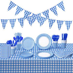 205 Pcs Party Supplies for 25 Guest Checkered Plaid Tablecloth Pennant Banner Plate Cup Napkin Cutlery and Straw for Birthday Party Family Dinner Picnic BBQ Birthday Party Decoration (Blue and White)
