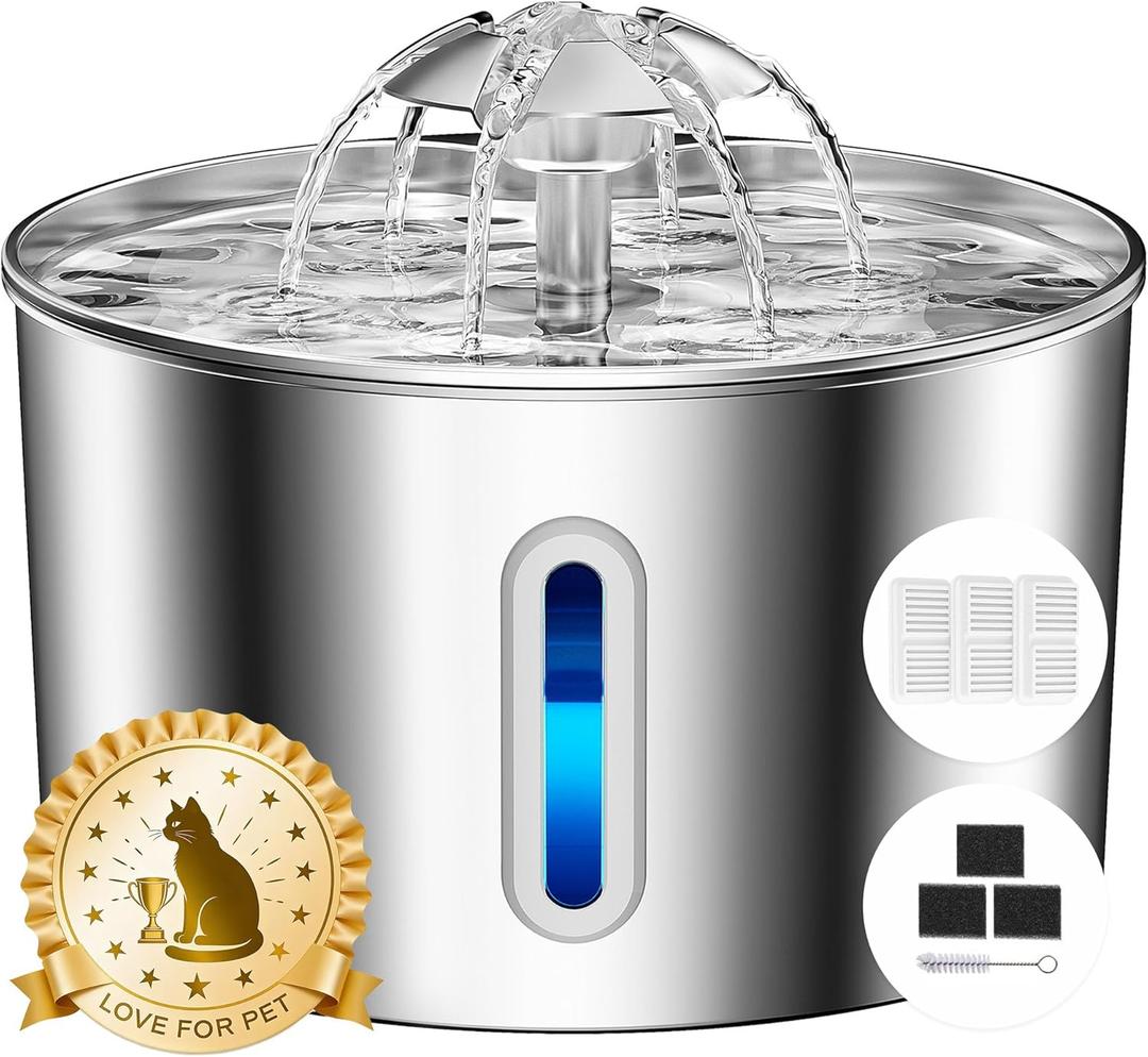 Cat Water Fountain Stainless Steel - 74oz/2.2L Pet Gift Dog Water Dispenser Automatic Silent Cats Dispenser for Drinking Indoor Metal Kitty Spout Fountains with 3 Filters & 3 Sponges Cat Dogs Gifts