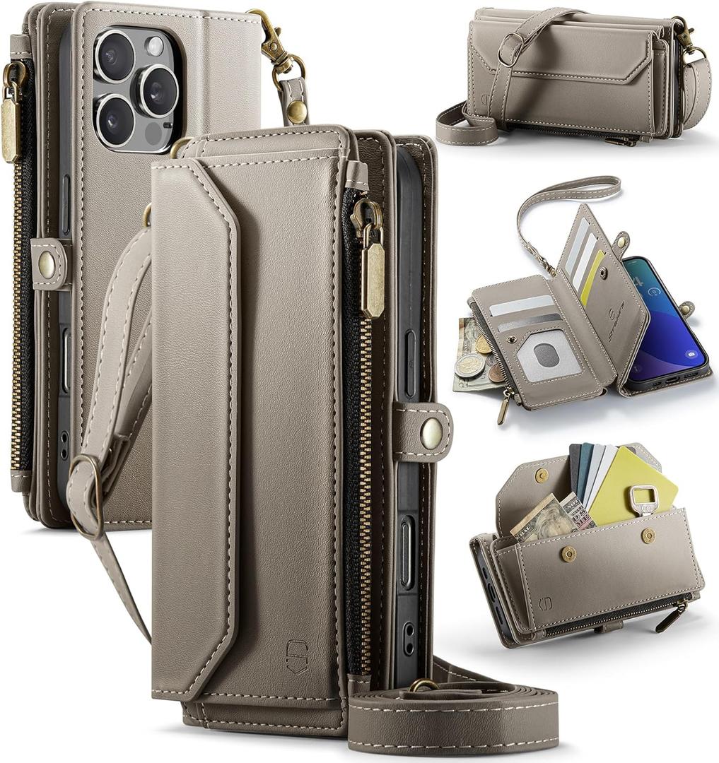 Wallet Case Compatible with iPhone 16 Pro 6.3" RFID Blocking 10-Card Holder Soft PU Leather Magnetic Snap Shoulder Strap Zipper Pocket Phone Case Fit for iPhone 16 Pro for Women - Grey