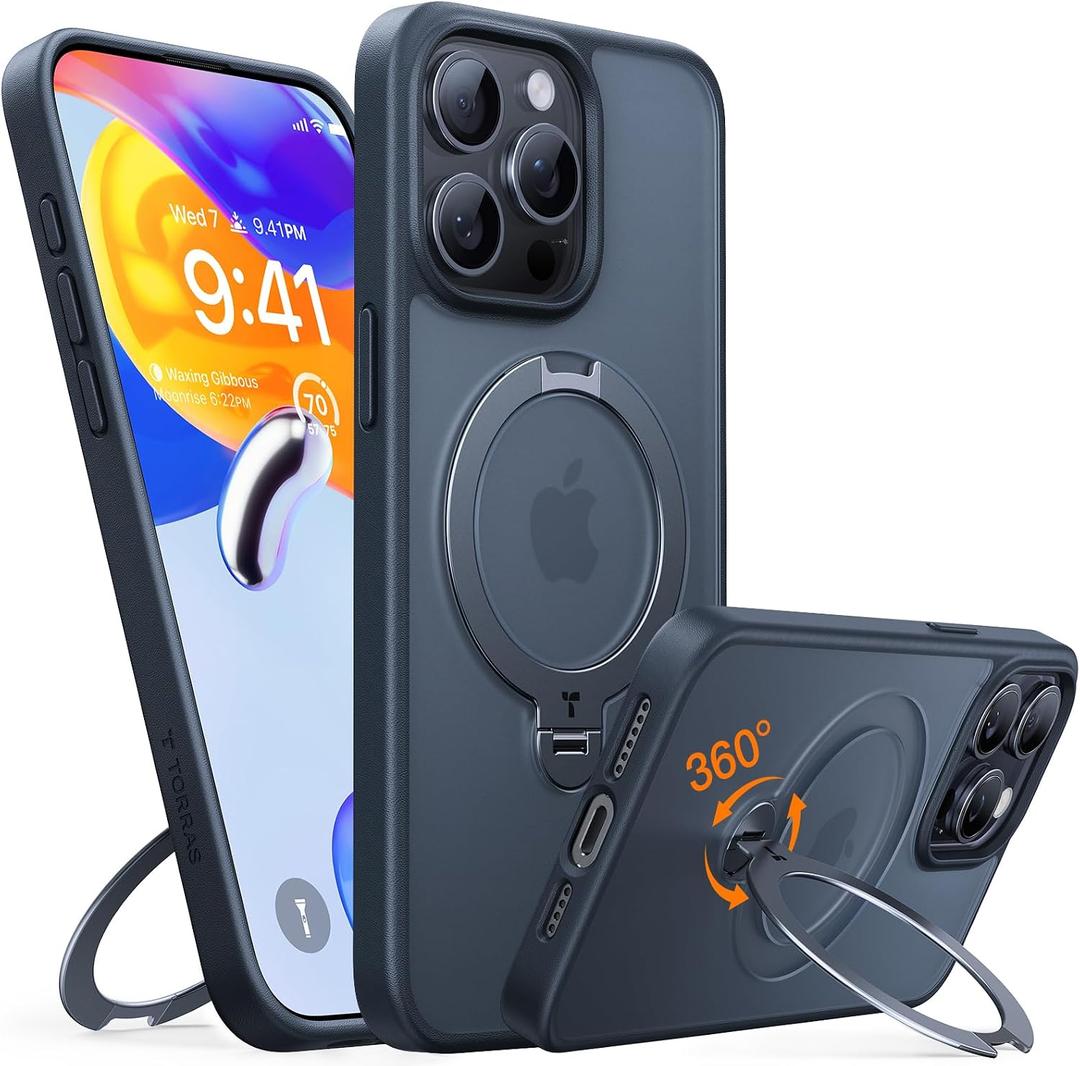 TORRAS Q3 Spin for iPhone 14 Pro Max Case with 360 Magnetic Stand Black | Compatible with MagSafe, 18N Halbach Magnetic Lock, 4X Military-Grade Drop Protection, Slim, Black
