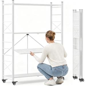 DEANIC 4 Tier Foldable Storage Shelves with Wheels, Large Capacity Shelving Unit, Freestanding Metal Wire Shelf Rack, No Assembly Organizer Rack for Garage Kitchen, Basement, Pantry (1, White-Plus), 28 x 13.4 x 50 inches