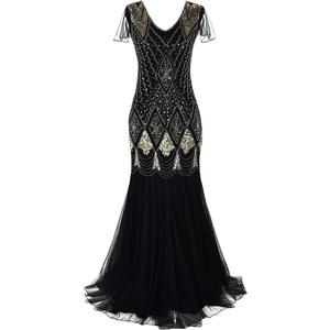 Women Vintage 1920s Gatsby Flapper Evening Party Dress V Neck Art Deco Sequins Mermaid Hem Cocktail Formal Long Maxi Gown (Large, Black + Gold)