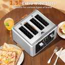 WUNLY Smart Digital 4 Slice Toaster with Touch Screen, 1.5'' Extra Wide Slots for Bagel, Digital Countdown & Sound Control, 6 Bread Types & 6 Shade Settings, Defrost/Reheat/Standby,Silver