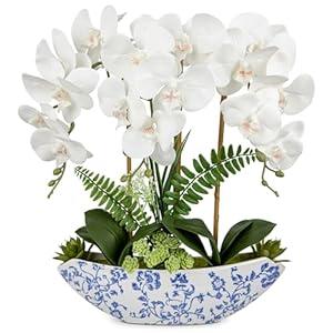 Briful Orchid Artificial Flowers 18in White Fake Orchid Silk Flowers with Blue and White Ceramic Vase Faux Orchid Arrangement for Home Office Room Coffee Table Centerpiece Modern Decor