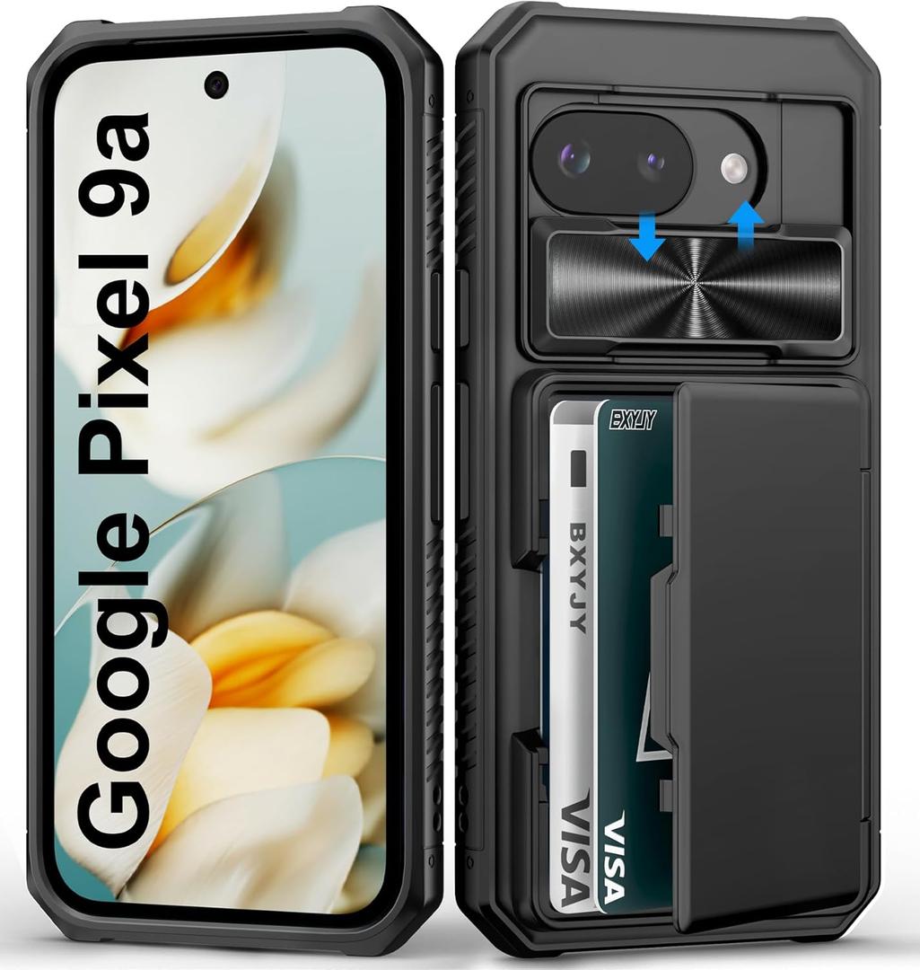 BXYJY for Google Pixel 9a Case Wallet, Card Holder (4-5 Cards), Slide Camera Cover, Military Drop Protection, RFID Block, Rugged Shockproof Heavy Duty Men Women Phone Case for Google Pixel 9a, Black