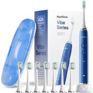 Aquasonic Vibe Series Ultra-Whitening Toothbrush  ADA Accepted Electric Toothbrush - 8 Brush Heads & Travel Case  40,000 VPM Motor & Wireless Charging - 4 Modes w Smart Timer  Sapphire Blue