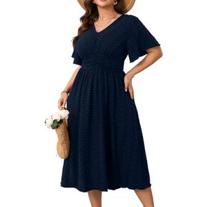 RWJ Women's Plus Size Maxi Dress V Neck Short Sleeve Swiss Dot A Line High Waist Flowy Casual Summer Dresses 2025 XL