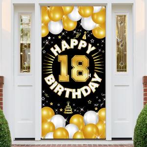 Happy 18th Birthday Decorations for Boys & Girls, Men & Women, Fabric Banner Backdrop for 18 Year Old Birthday Party, Perfect Photo Backdrop, Yard Sign, Cake Table Decor, Door Sign（Black Gold）
