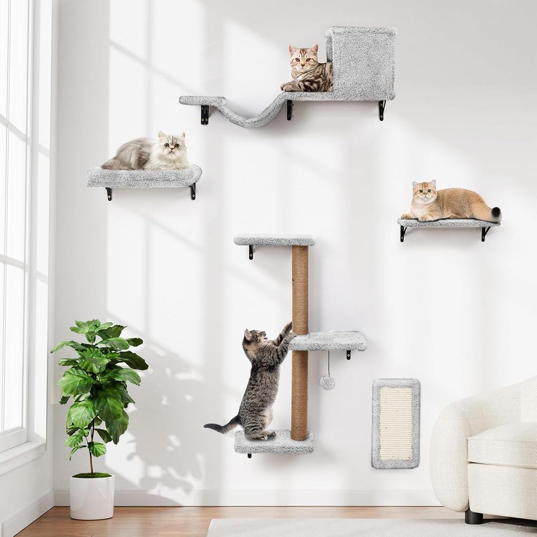 5-in-1 Cat Wall Shelves, Multi-Level Cat Climbing Furniture, Perch & Lounge for Indoor Cats, Space-Saving Wall Mounted Shelves for Play & Rest (Natural Wood) - Light Gray