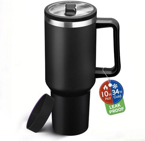 40 oz Water Bottle with Straw - Insulated Tumbler with Handle & Flip Straw | Cold-34H & Hot-10H, Leakproof Lid, Dishwasher Safe, Stainless Steel Coffee Mug, Travel Coffe Cup, for Office Gym Men Woman