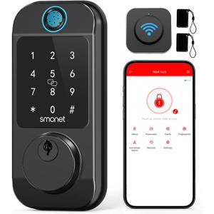 Smart Locks WiFi Deadbolt: SMONET Fingerprint Front Door Lock Keyless Entry with Keypad Electronic Digital Deadbolt Alexa Gateway Remote Control, Bluetooth APP KeyFob Code Auto-Lock for Home, Black