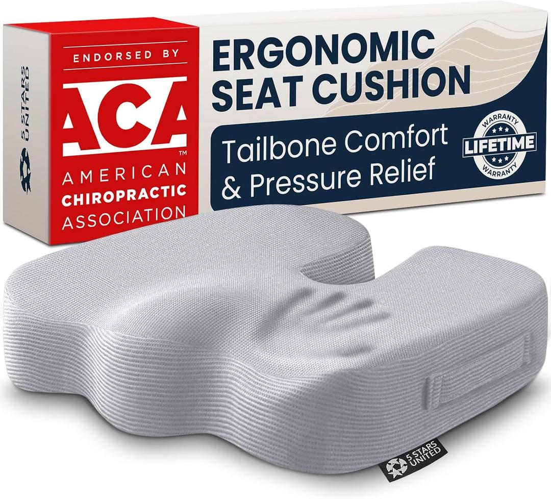 5 STARS UNITED Seat Cushion - Memory Foam for Tailbone Pain Relief - Ergonomic Support for Coccyx, Sciatica & Butt - Wheelchair, Office, Desk & Gaming Chair, Car Seat, Airplane, L Gray, Large