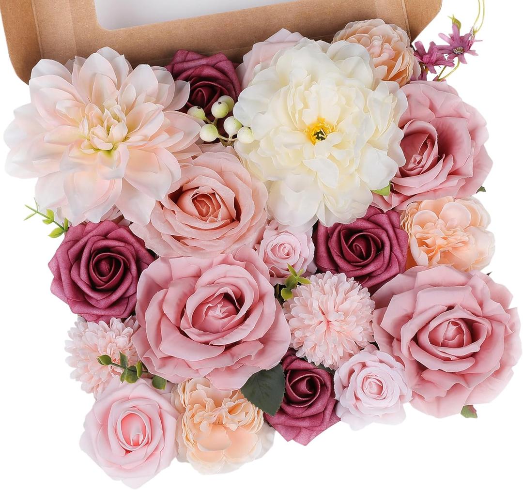 Rose Artificial Flowers Combo Fake Flowers Pink Roses Silk Flowers with Stems for DIY Bridal Wedding Bouquets Centerpieces Arrangements Table Party Baby Shower Home Decor (Champagne Pink)