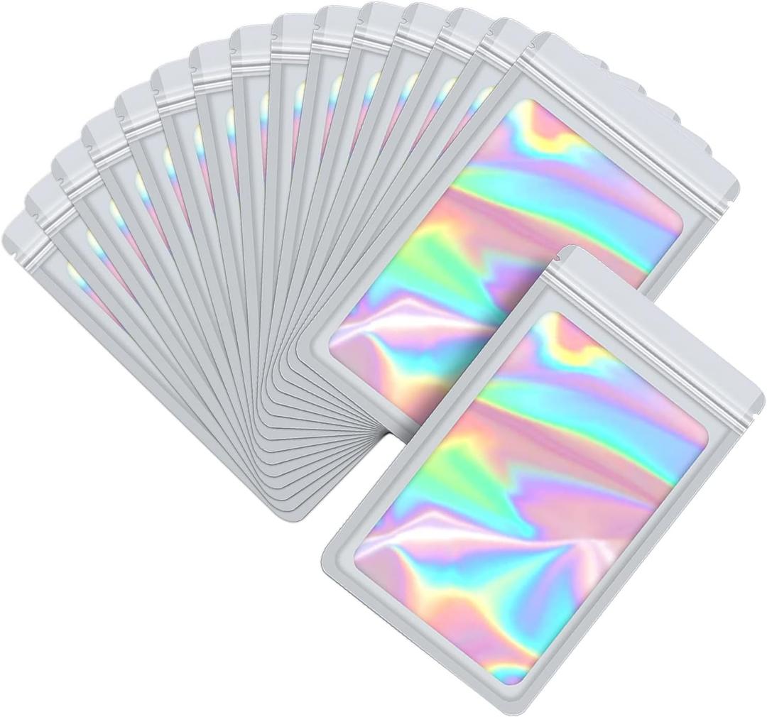 100-pack 69 inch mylar bags with clear window holographic resealable sealable packaging zip bag for small bussiness jewelry candy sample food packing supplies white
