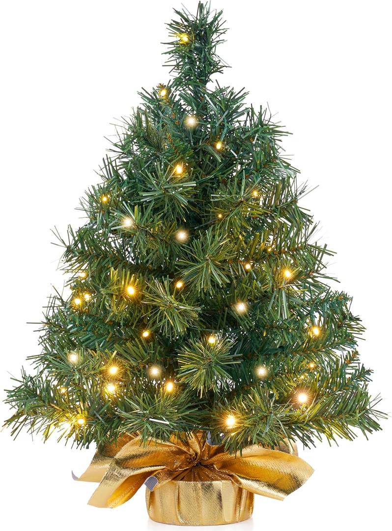 JOIEDOMI 24"/2FT Small Tabletop Christmas Tree with LED Warm Lights, Table Top Christmas Decorations Pre-lit Artificial Xmas Tree, Green Mini Tree for Christmas Decorations Indoor Xmas Party Decor