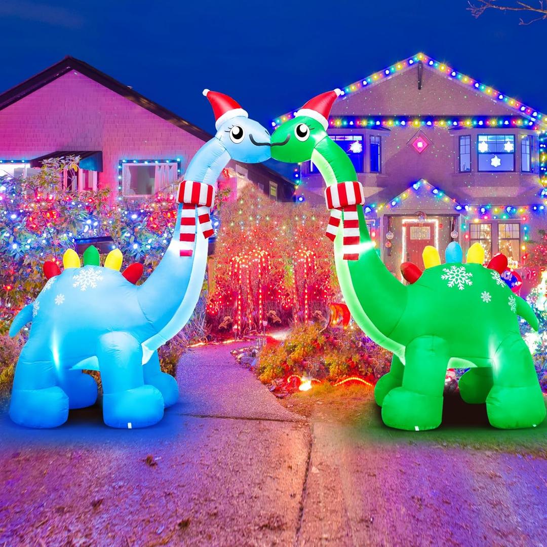 SIKADEER 12FT Christmas Inflatable Dinosaur Arch with Bright LED Lights, IP68 Waterproof Fan, Large Blow Up Outdoor Christmas Archway Yard Decoration for Holiday, Lawn, Party, Garden (Blue, Green)