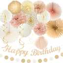 Champagne-Gold Beige Fall Boho Birthday Party-Decorations - 21pcs Autumn Neutral Retro Happy Banner,Girl One Sweet Peach Paper Streamers Lanterns,Tissue Pom Poms Fan,Rustic Backdrop Decor Huglony