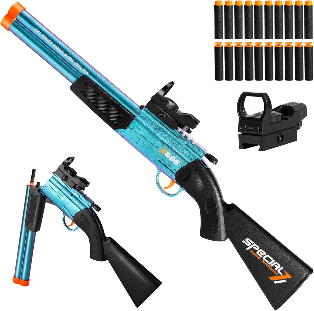 Double Barrel Shotgun Toy Sniper Rifle - Soft Bullet Foam Blaster Toy Gun for Kids Age 8-12 Kids Youth Teen Boys Girls Adults Dart Guns Cool Birthday Halloween Christmas Outdoor Play Shooting Game (Electroplated Blue)