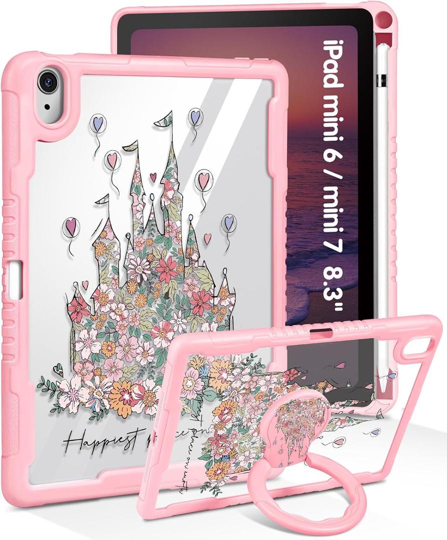 For iPad mini 7 A17 Pro 2024/Mini 6 2021 Case 8.3 Inch - Women Cute Girls with Stand & Pencil Holder Cover Girly Design Pretty Kawaii Protective Hard Funda for iPad mini 7th/6th Gen (Castle)