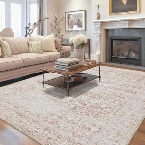 Andency Large 9x12 Washable Area Rug for Living Room Bedroom, Vintage Boho Pink Foldable Floral Carpet, Stain Resistant Non-Slip Printed Distressed Decor Rug for Dining Room