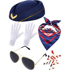 Bencailor 6 Pcs Halloween Women Flight Attendant Costume Accessories Stewardess Outfits Bellhop Hat Scarf Sunglasses Gloves (Dark Blue)