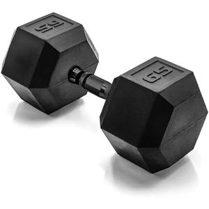 CAP Rubber Coated 65 Pound Dumbbell Weight, Free Weight for Home Gym Strength Training, Anti-Roll Hex Dumbbell with Black, Chrome & Comfort Grip Handles, Singles