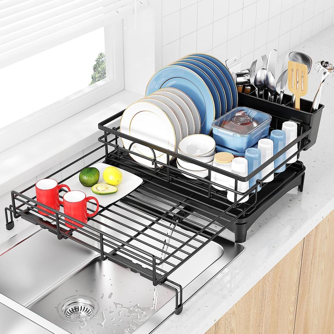 Large Dish Drying Rack,Extendable Dish Rack with Cutlery Holder, Anti-Rust Black Dish Racks for Kitchen Counter,Dish Drainers for Kitchen Sink,Over The Sink Drying Rack Kitchen