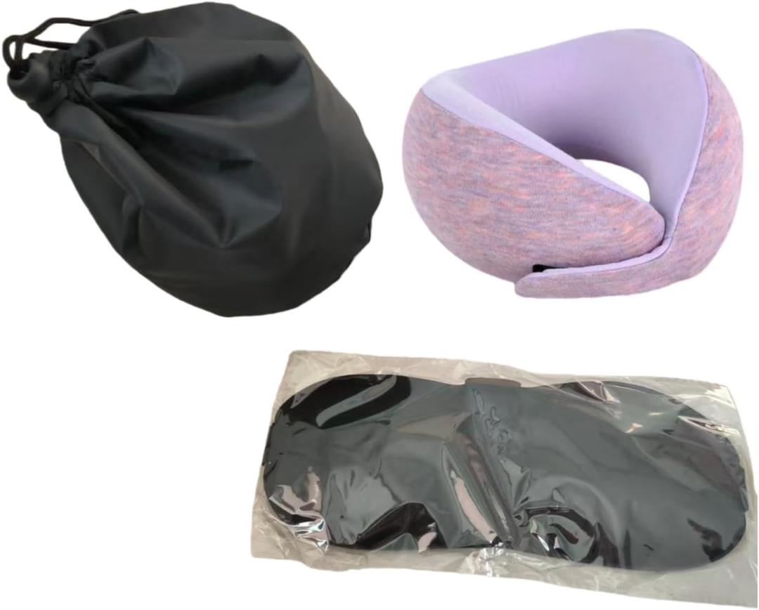 Kids Neck Pillow, Kids Travel Pillow with Eye Mask, Foldable Memory Cotton Neck Pillow for Travel, Driving, Flying (Smoke Purple)