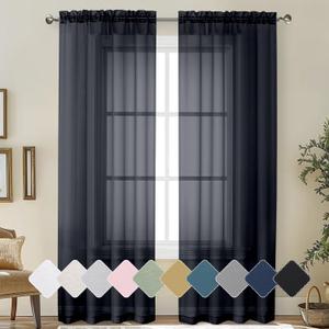 Lecloud Sheer Curtains Black 84 Inches Long 2 Panels Set for Bedroom Living Room, Light Filtering Transparent Voile Window Treatments Sheers, Modern Airy Lightweight Window Panels, Total Wide 84" Inch