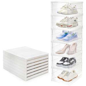 Hedume 6 Pack Clear Shoe Boxes Stackable, Drop Front Shoe Storage Box, No Assembly Plastic Shoe Organizer Storage Bin with Door, Free Standing Shoe Shelf Cabinet with Lid for Size 13, 13.6"x10"x7.9"