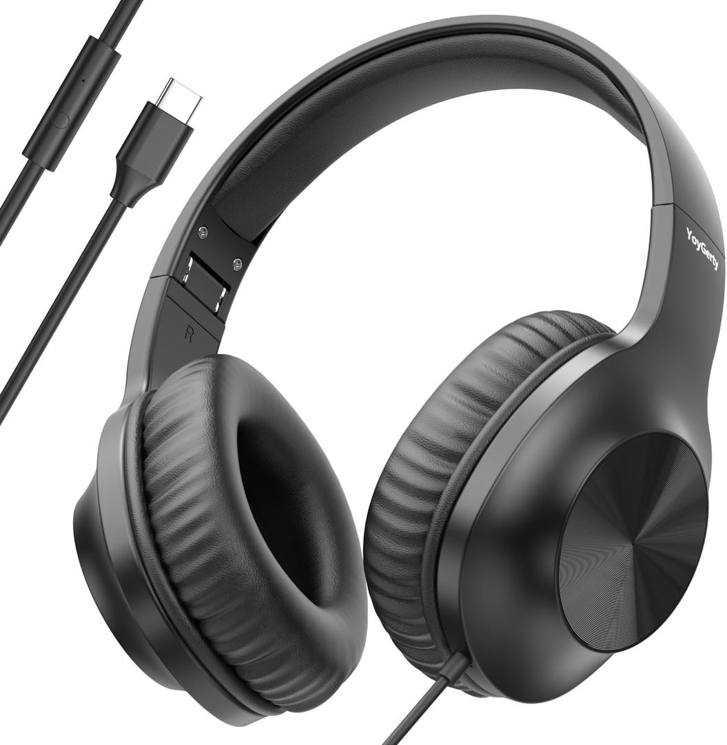 Upgraded USB C Wired Headphones, Over-Ear Type C Headphones with Microphone, HD Stereo Sound, Volume Control, Foldable USB Type C Headphones for Adults/Teens//Tablets/Computer/iPhone/Travel(Black)